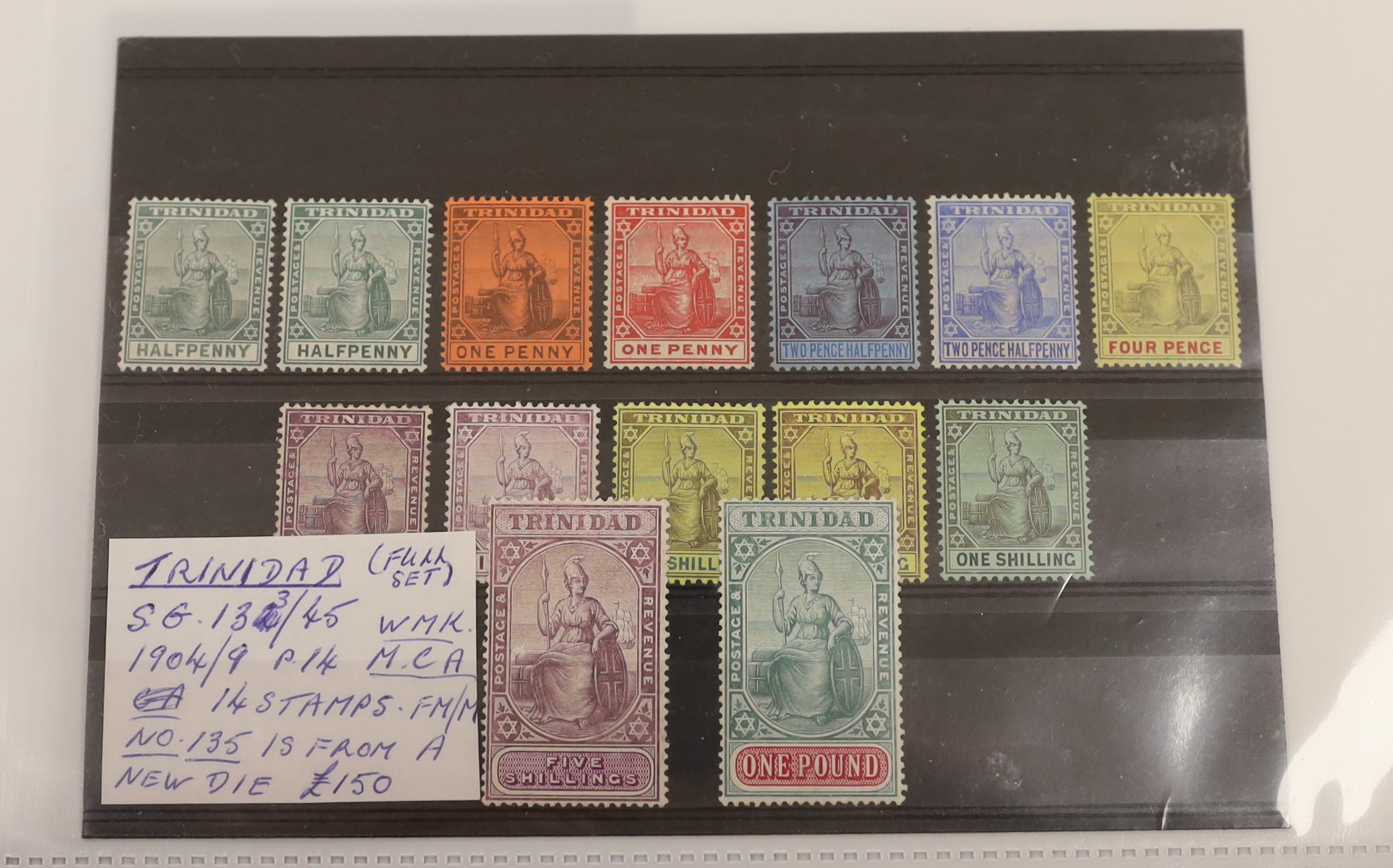 Various stamps including Rhodesia Admirals to £1, Trinidad and Tobago 1869 5/-, 1913 £1, 1921 1/2d to £1, 1921-22 set, 1904 set to £1, also a collection of Germany in an album